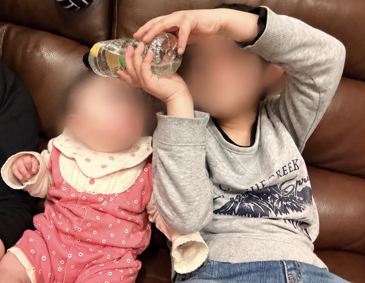 お兄ちゃんがペットボトルで妹をあやしている